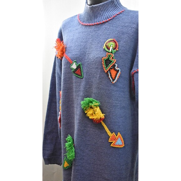 Victoria Jones Blue Beaded Arrow Fringed Pullover Sweater-Women's Size L - Picture 1 of 8